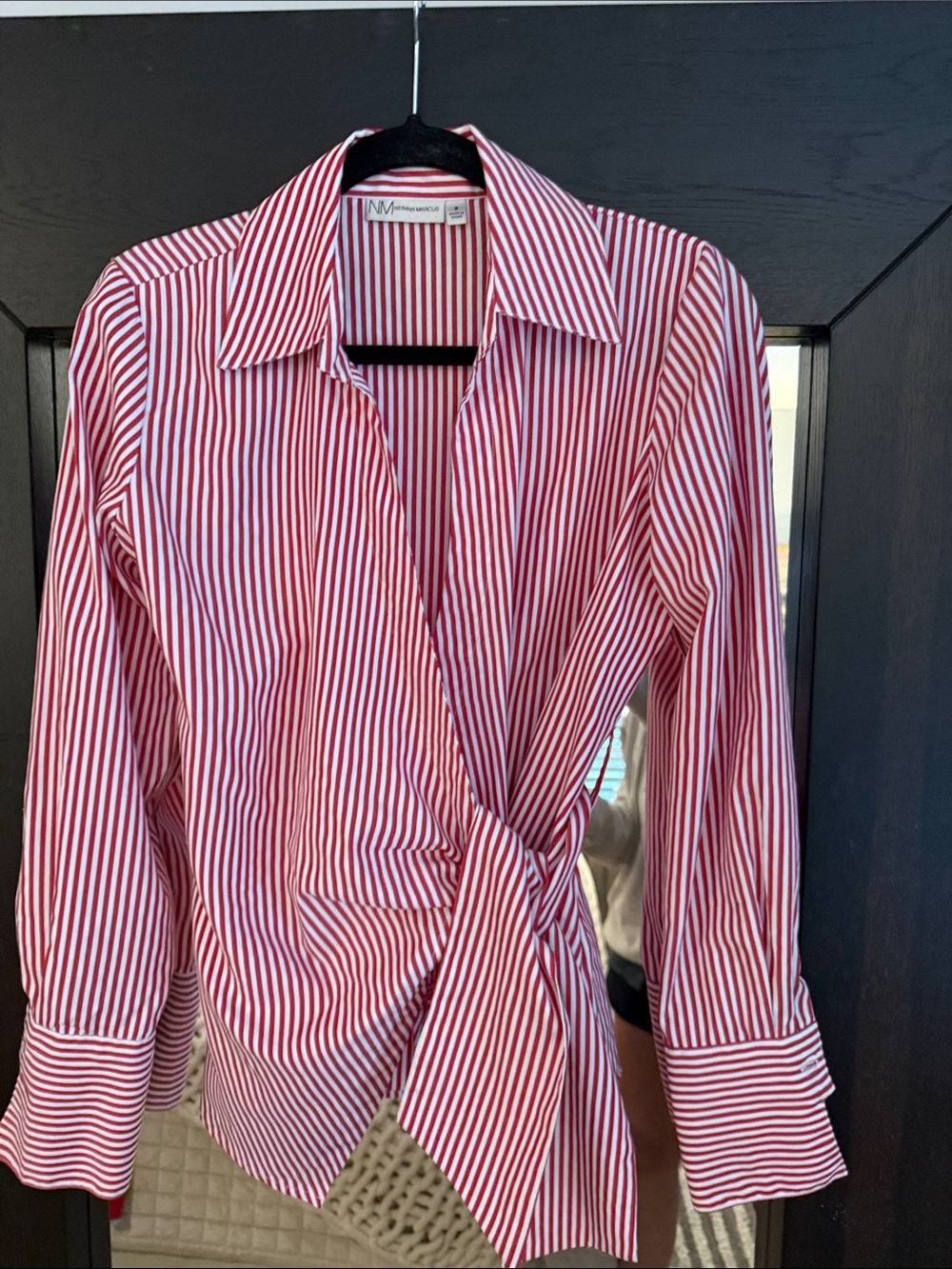 MM Couture Red and White Striped Wrap Button-Down Blouse